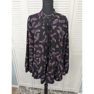 LANE BRYANT Top Women's Plus Sz 22 Blouse Black Purple Laceup Boho Peasant Shirt
